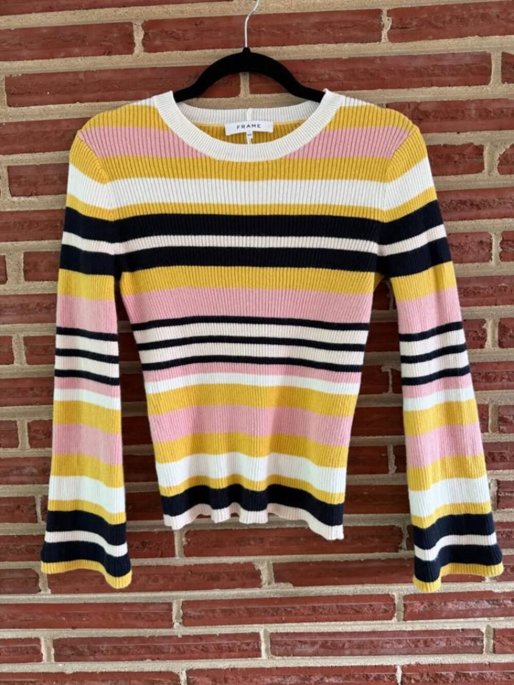 FRAME Striped Ribbed Knit Sweater Flare Sleeve Cotton Cashmere Citrine Multi